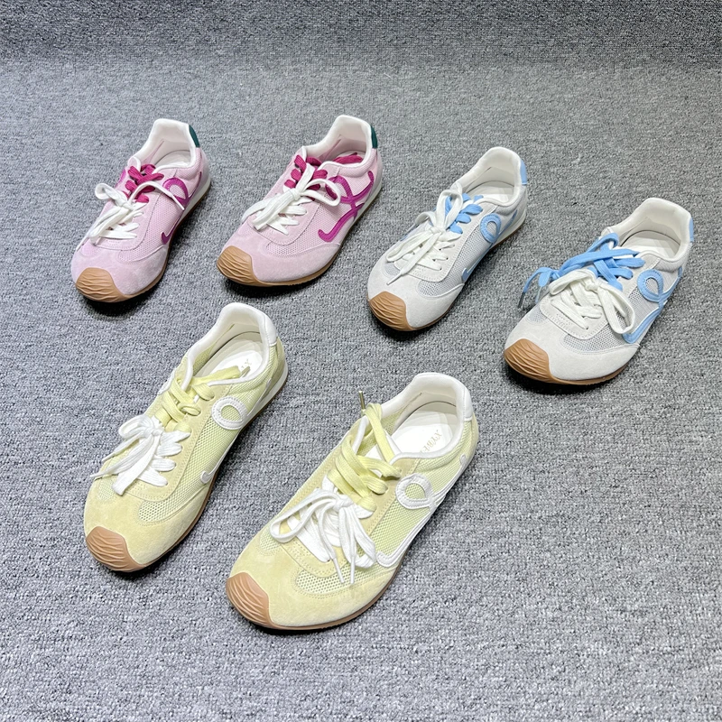 透气网面厚底运动鞋欧洲站女鞋2025夏款拼色圆头平底复古德训鞋女