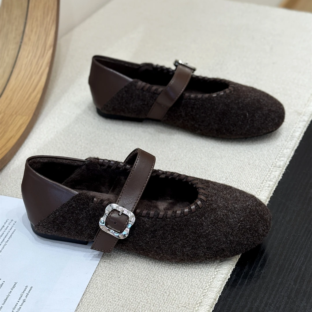 韩版秀气毛呢拼接玛丽珍单鞋女2025新款秋季芭蕾平底一字带晚晚鞋