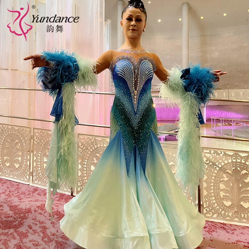 Yundance新款英国进口面料专业国标摩登舞比赛服演出服连衣裙定制