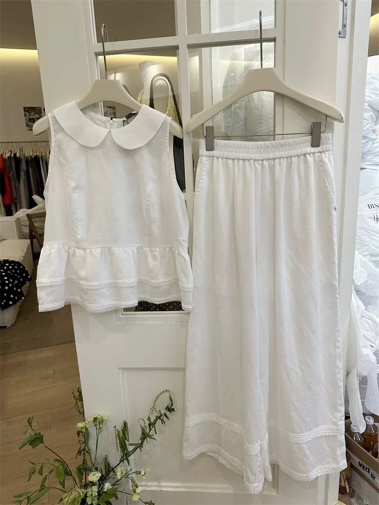 法式娃娃领无袖上衣搭配休闲阔腿裤时尚气质套装夏季白色蕾丝