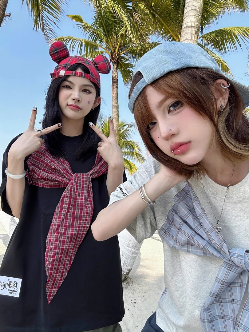 围巾披肩设计感短袖t恤女2025夏季纯棉宽松显瘦学院风半袖上衣服