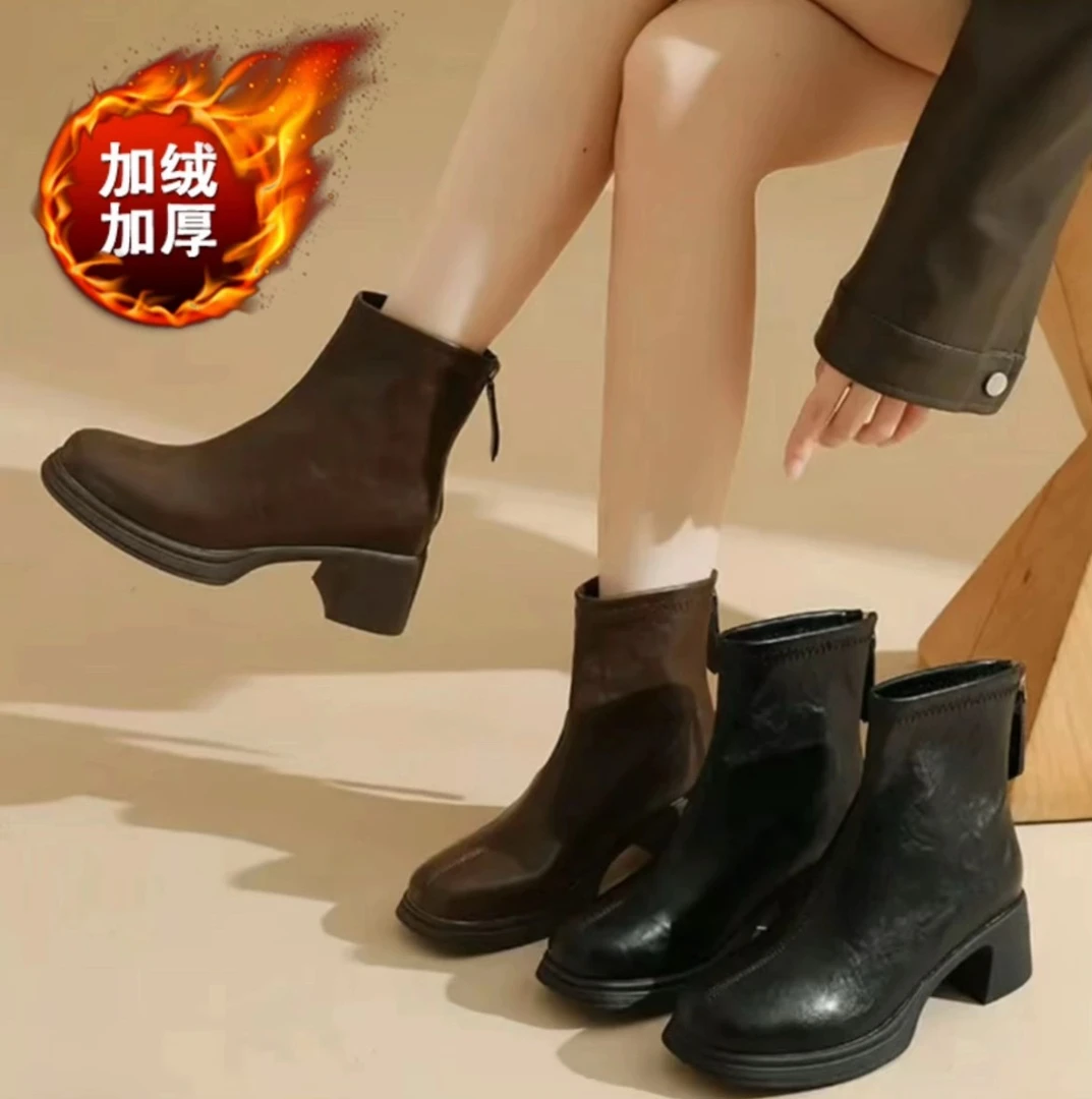 【品牌女鞋】英伦方头短靴秋季冬季后拉链高跟防滑粗跟黑色皮靴-888