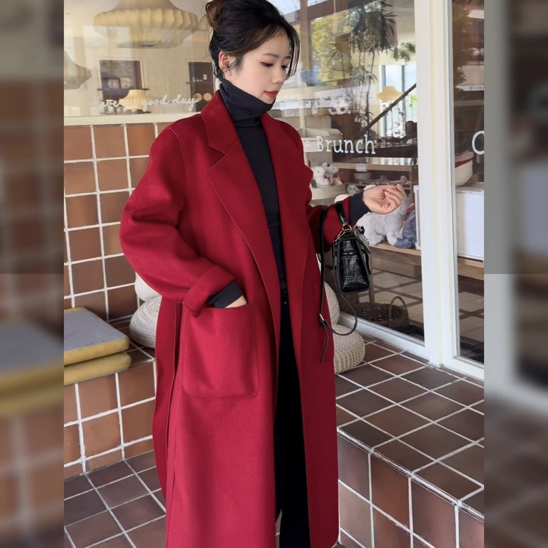 春季上新长款双面呢大衣高端毛呢百搭气质显瘦腰带款外套女士