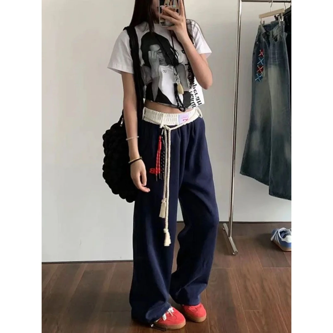 藏青色复古休闲裤卫裤女早秋拼接腰头直筒运动裤美式宽松阔腿裤