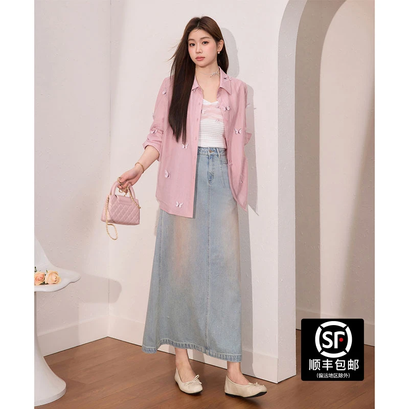 蓝语大码女装衬衫裙子吊带背心牛仔半身裙夏新款别致套装05240