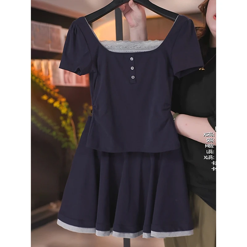 时尚拼接蕾丝短袖T恤裤裙套装女夏季假两件上衣高腰半裙两件套ins