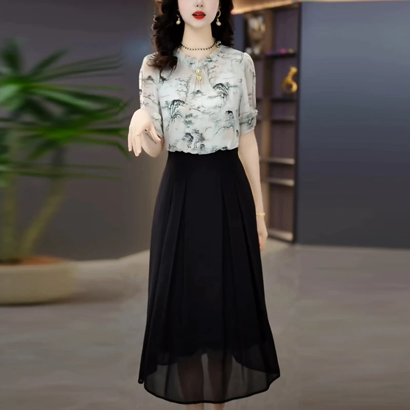 轻羽丝2025夏季新款轻奢女装洋气时髦气质印花假两件短袖连衣裙子