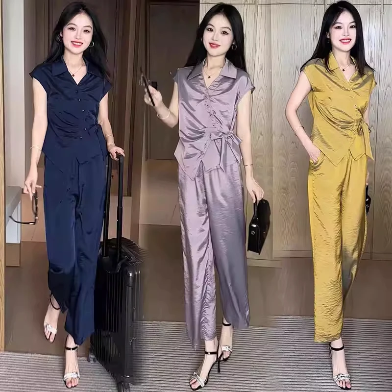 时尚套装女士夏新款洋气质收腰显瘦冰丝绑带短袖衬衫阔腿裤两件套