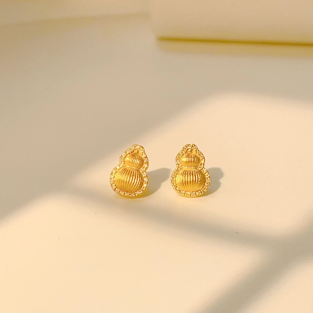 足金点钻葫芦耳钉黄金拉丝葫芦耳饰