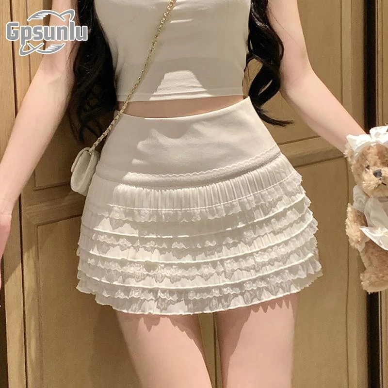 gpsunlu韩系甜美辣妹蕾丝性感包臀裙女夏新款高腰褶皱百搭半身裙