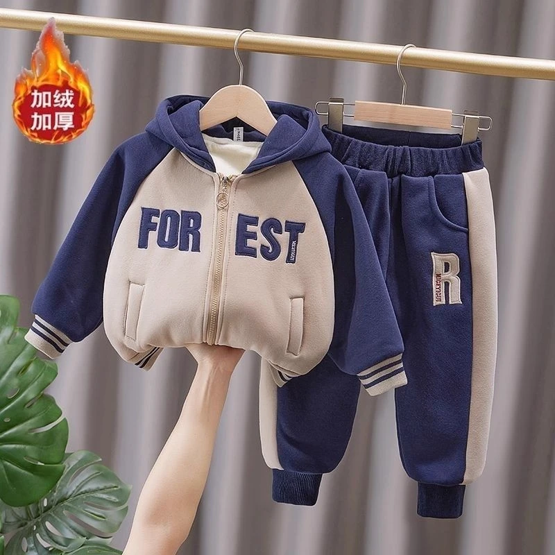 男童冬季加绒套装2025新款洋气中小童秋冬加厚时髦连帽卫衣两件套