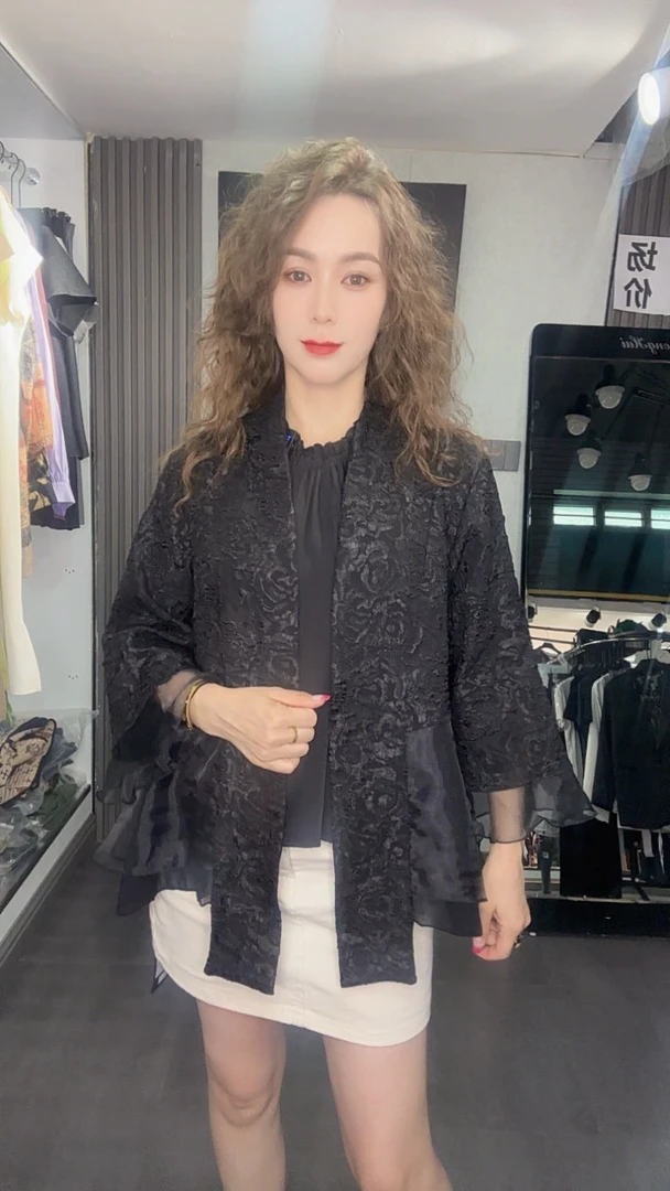 提花百搭V领春季不起球女短外套时尚风衣长袖辣妹风