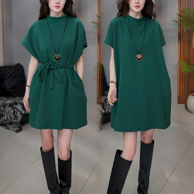2025夏季新款时尚设计感短袖连衣裙女宽松显瘦中长款系带休闲裙子