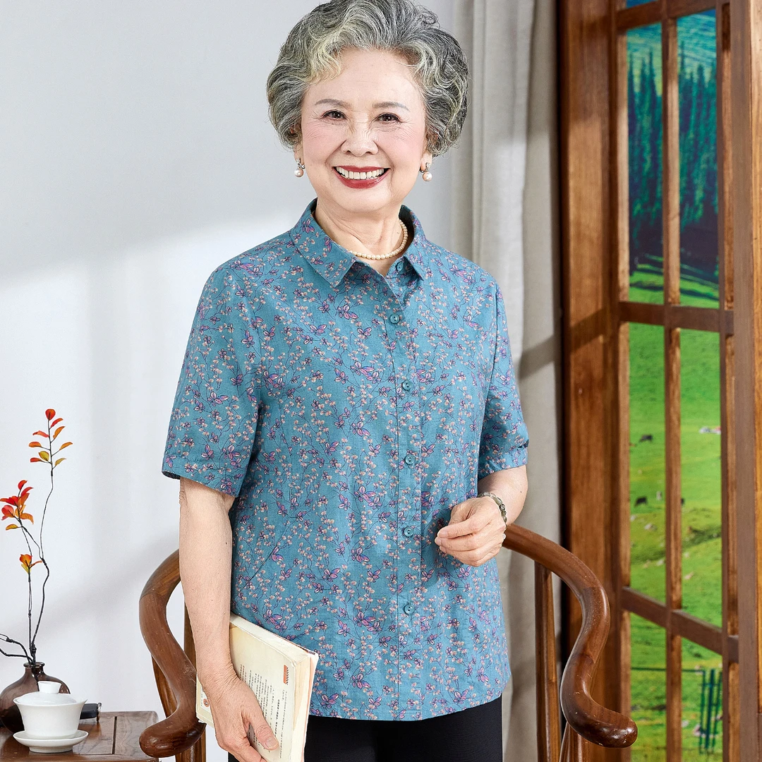 中老年人夏装女纯棉短袖开衫妈妈装夏季宽松大码全棉衬衣奶奶衣服