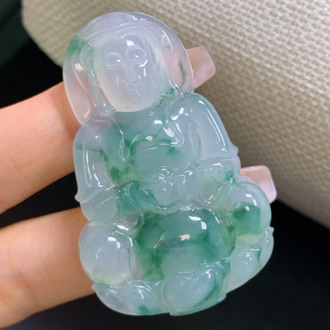 缅甸天然A货翡翠冰种正装飘花观音吊坠男士大气