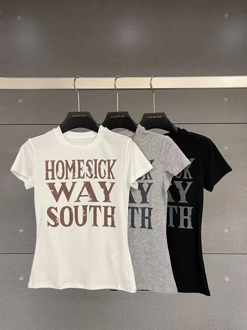 LIMCIAO正品早秋新款 修身弹力简约字母短袖T恤女