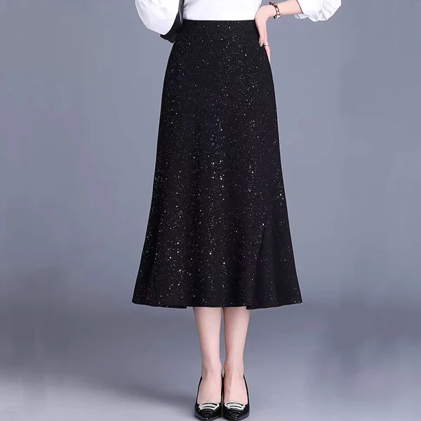 亮片黑色鱼尾春秋新款弹力显瘦包臀气质休闲高腰中长款半身裙