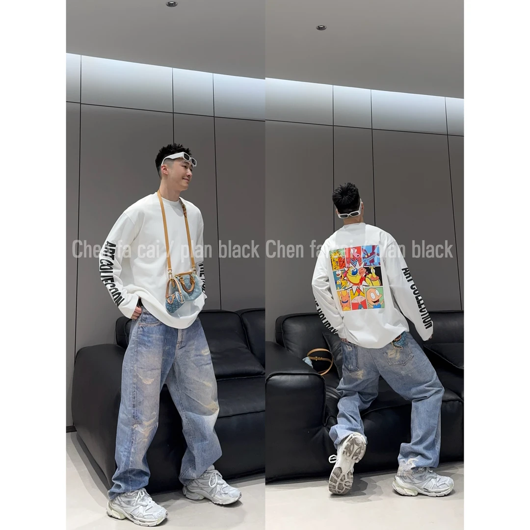 RICH陈发财【动画九宫格】玩趣风字母印花T恤情侣小领口长袖6697