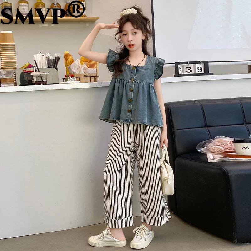 SMVP女童夏季套装2025新款洋气儿童时尚牛仔娃娃衫夏装女孩条纹阔