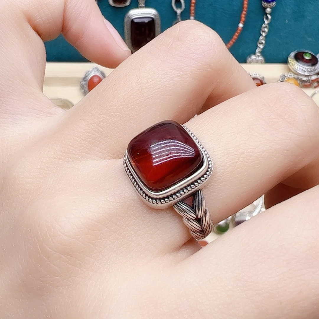 血珀戒指银S925镶嵌天然