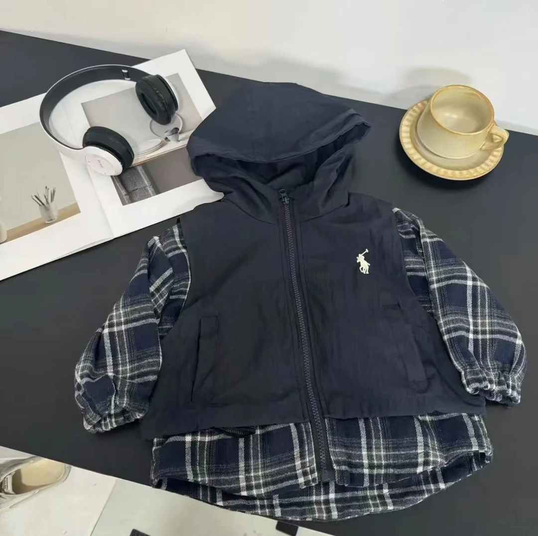 【韩范十足】儿童韩版格纹假两件宽松连帽拉链式外套潮