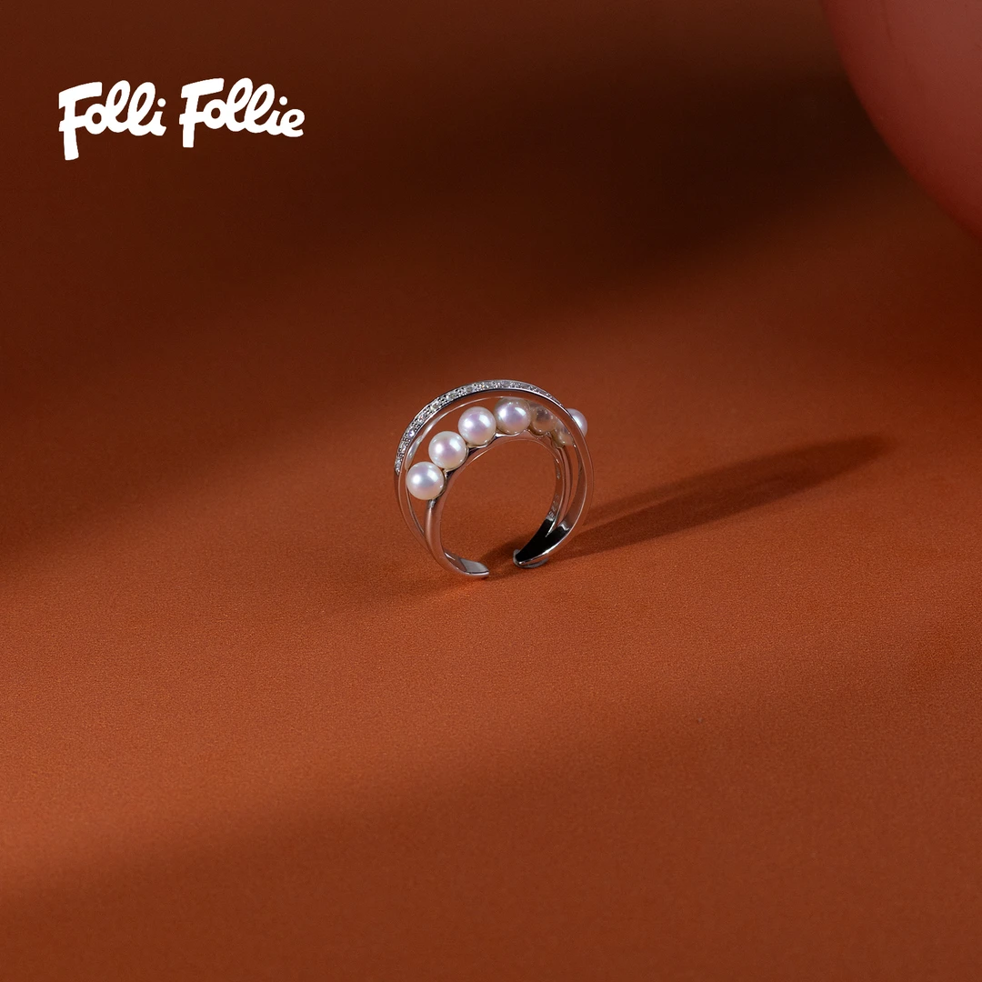 FolliFollie【无限系列】淡水珍珠6珠开口戒S925银戒托4-4.5mm时尚