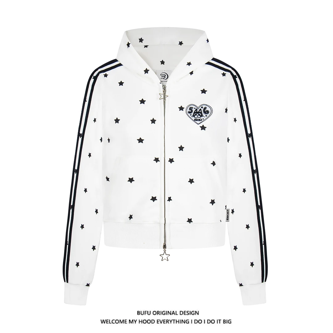 亿万少年BUFU美式复古满印星星正肩连帽衫卫衣女秋季拉链短款外套