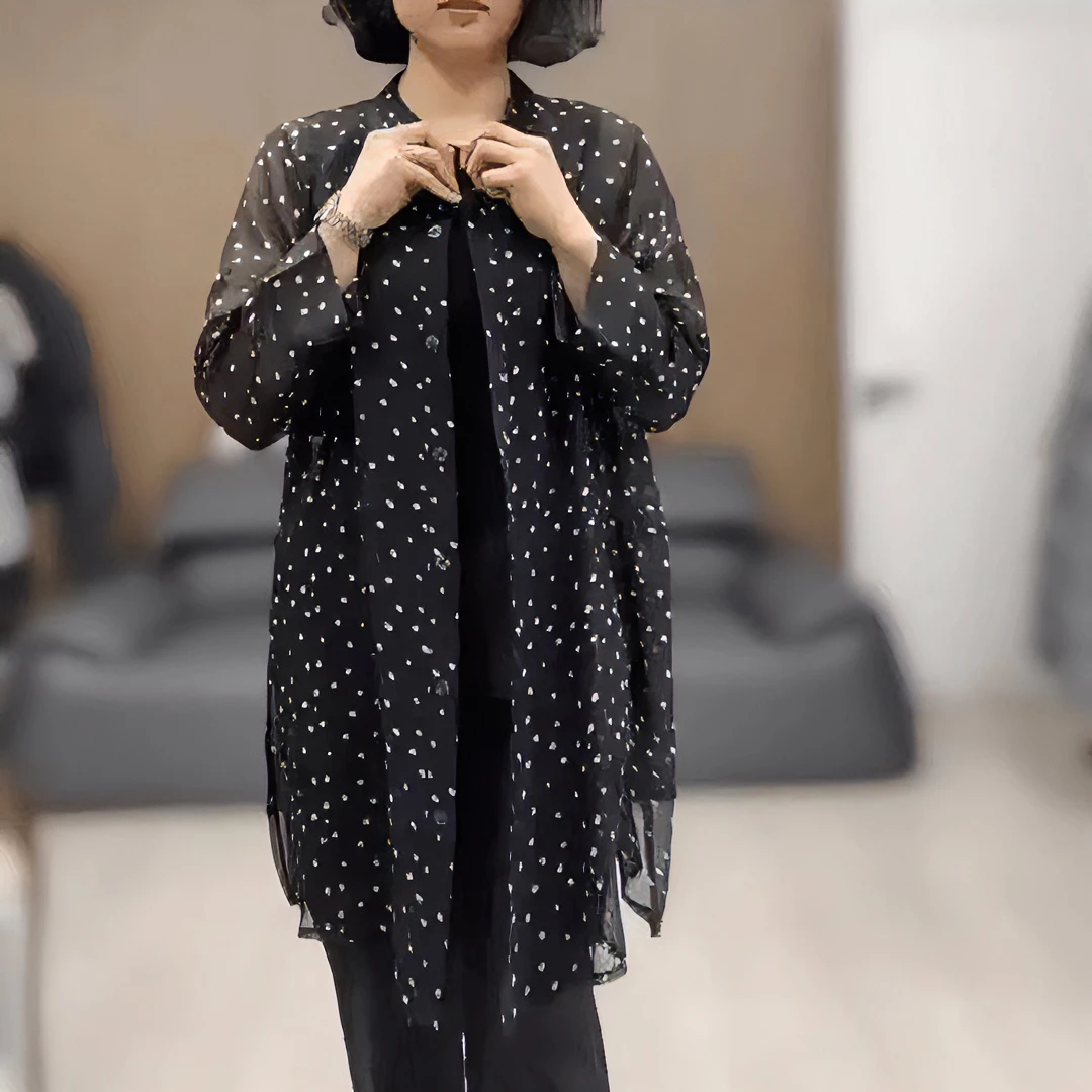 【xineba3】小圆点中长款开衫2024新款女士时尚洋气舒适百搭