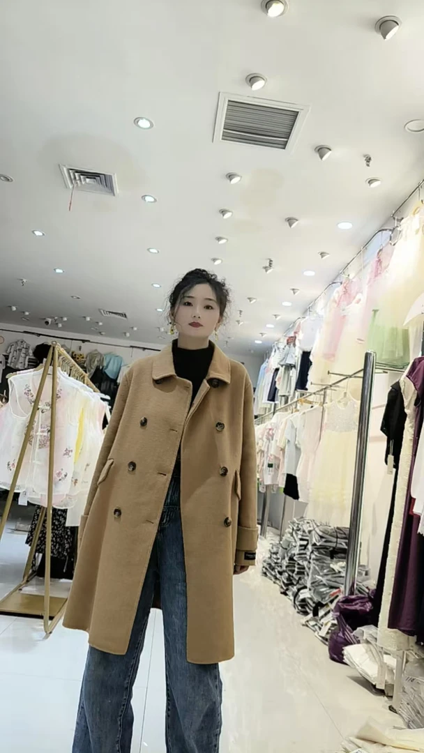 气质时尚双面呢韩版双排扣中长款秋冬毛呢外套休闲女士8037