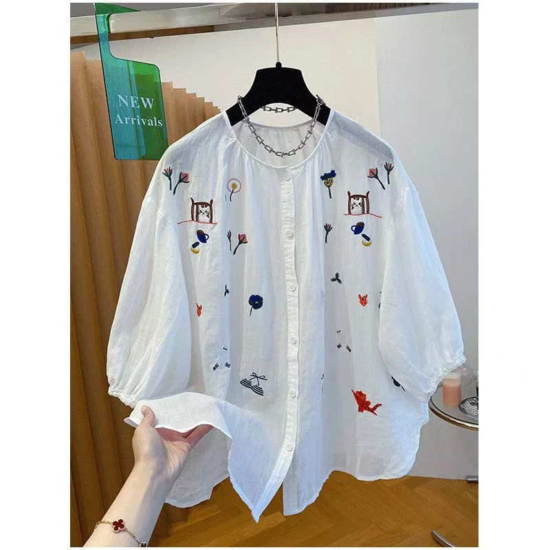 别致独特漂亮高端刺绣上衣女2025新款夏季宽松轻薄五分袖上衣