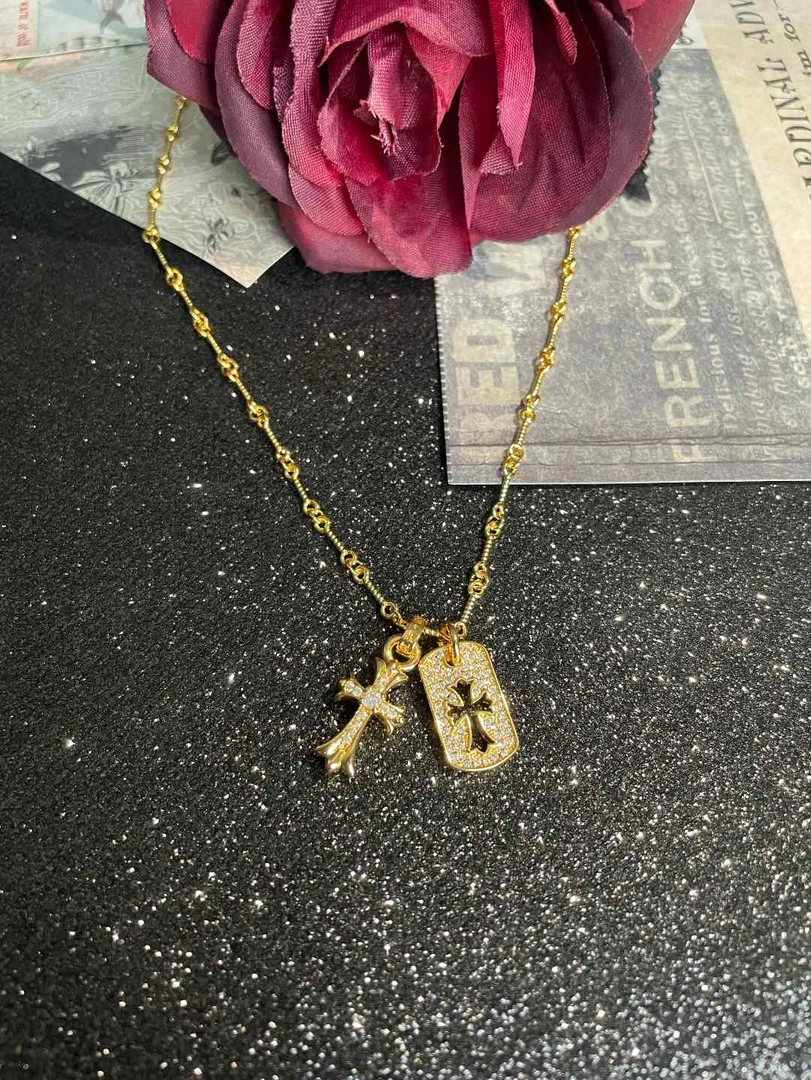 铜合金项链 【达人项链】金色镂空方牌十字架项链男生女生时尚百搭