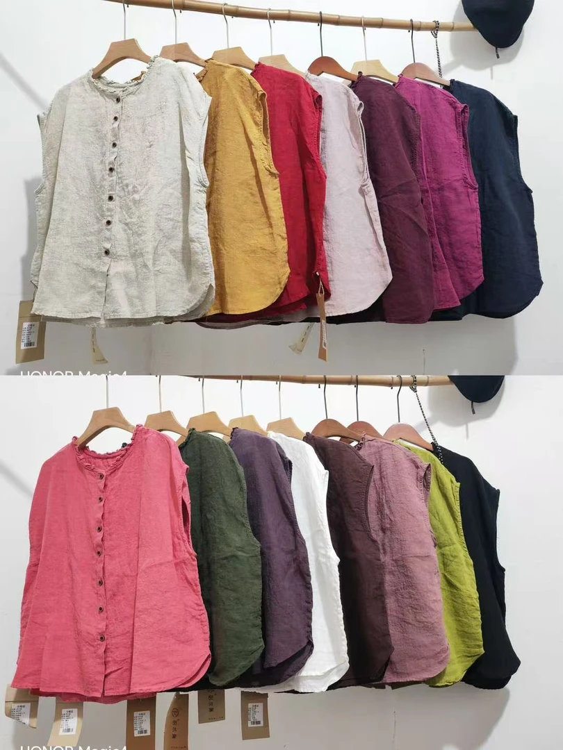 爱麻 夏季砂洗亚麻木耳花边领无袖坎肩小衫（衣长62胸围128）