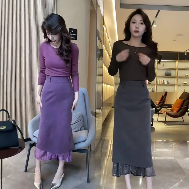 法式小众设计感蕾丝拼接显瘦半身裙新款高腰打底休闲长袖T恤上衣