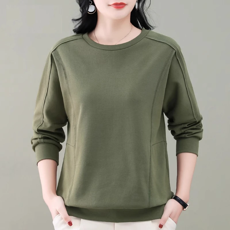 中年妈妈文艺圆领卫衣外套女时尚宽松设计感休闲百搭长袖绿色上衣