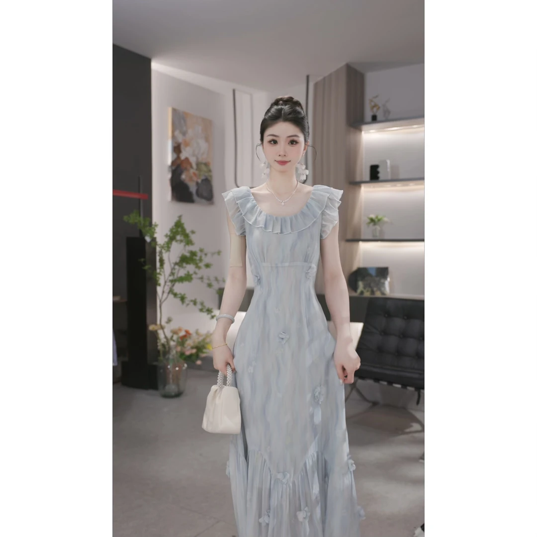 【薇宝儿-婷婷】-水亭风蓝-夏季新款法式气质小众设计感显瘦连衣裙