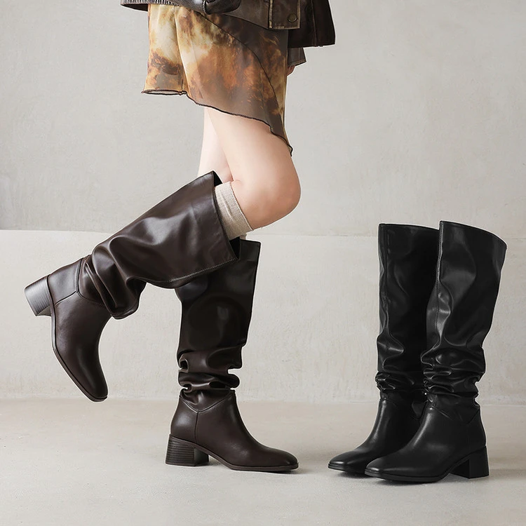 过膝靴女秋冬季2025新款靴子法式粗跟长筒靴褶皱堆堆靴大筒围