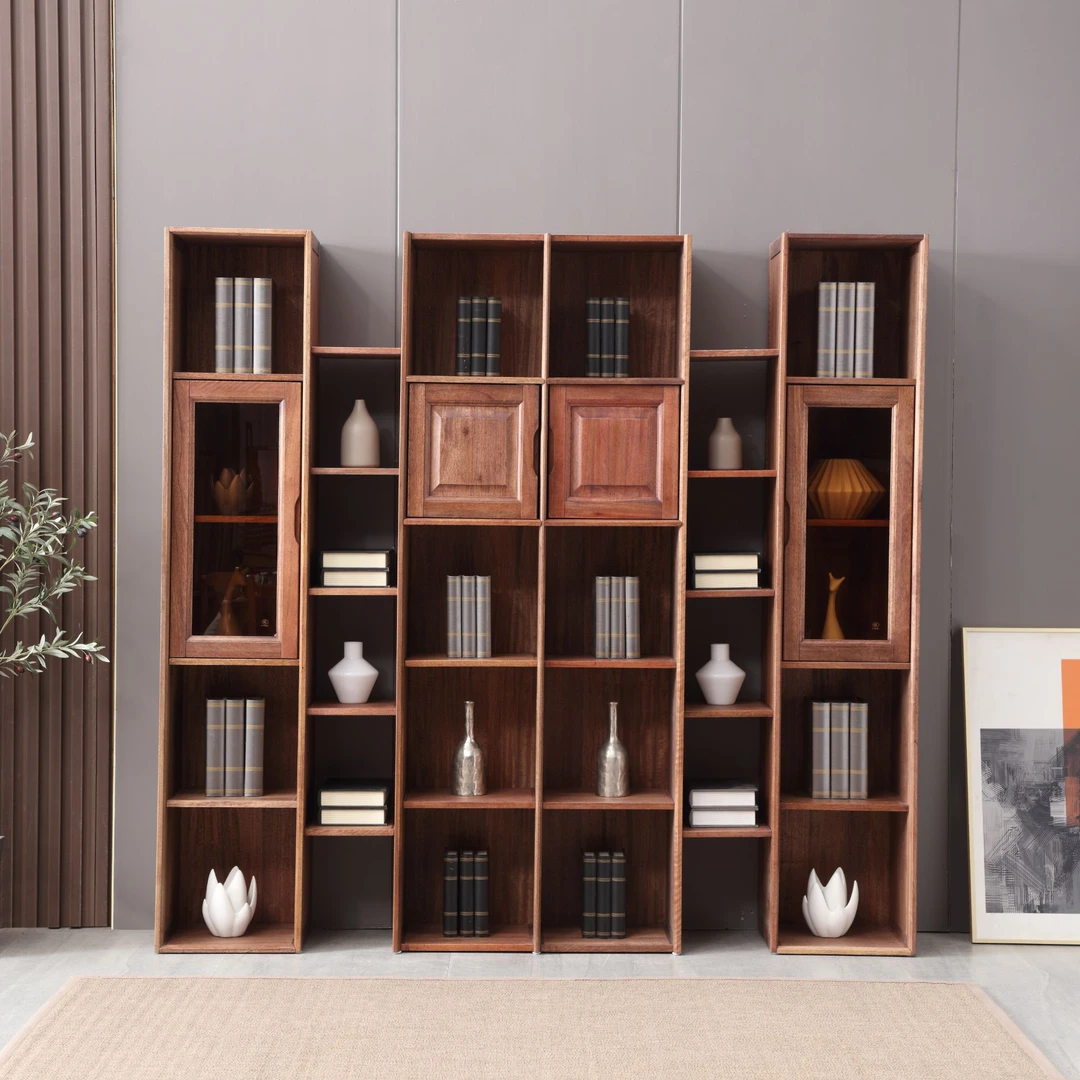 胡桃木原木1001#书柜轻奢落地新中式客厅简约北欧书房书橱家用