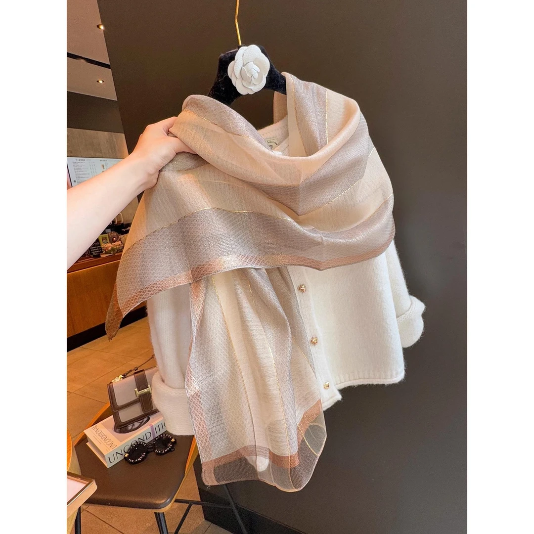 culv新款围巾女春秋薄款金丝纱巾秋冬妈妈桑蚕丝围脖送礼礼盒丝巾