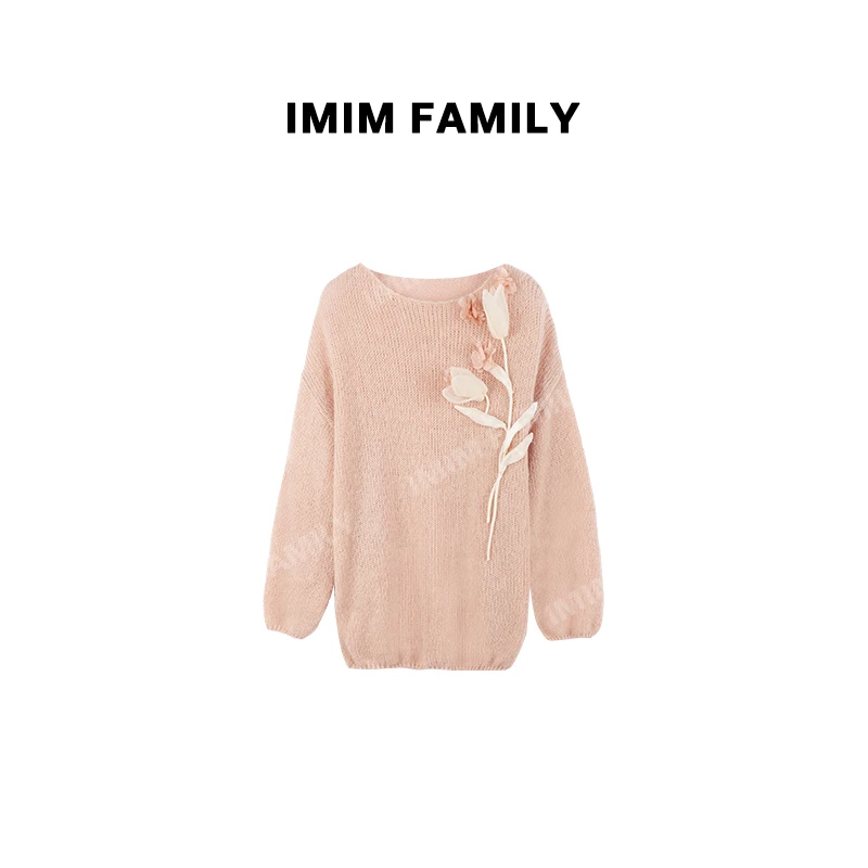 “纯洁的爱”法式花朵装饰设计圆领长袖毛针织秋冬时尚气质休闲毛衣