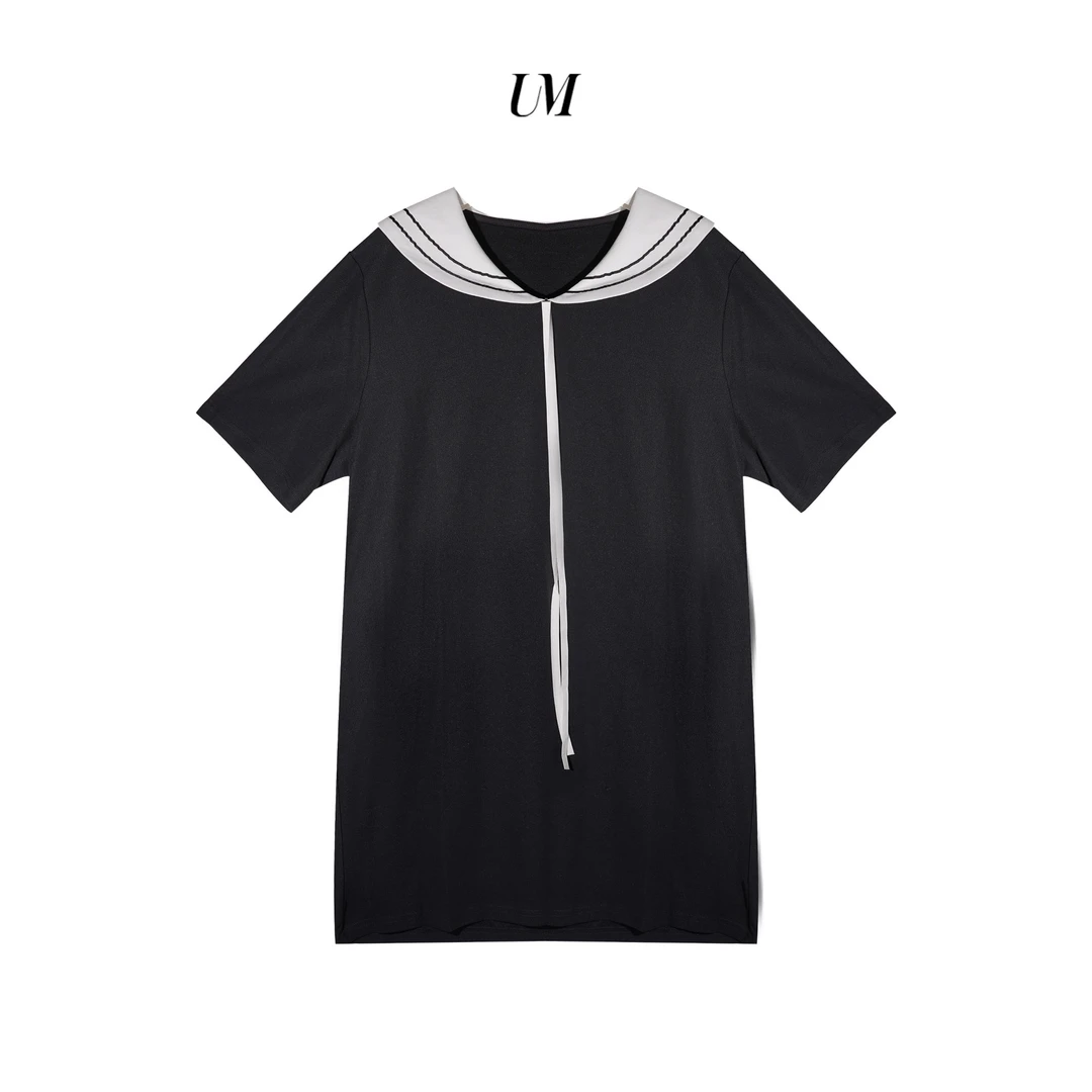 【U.M】宽松甜美海军领减龄短袖撞色拼接连衣裙