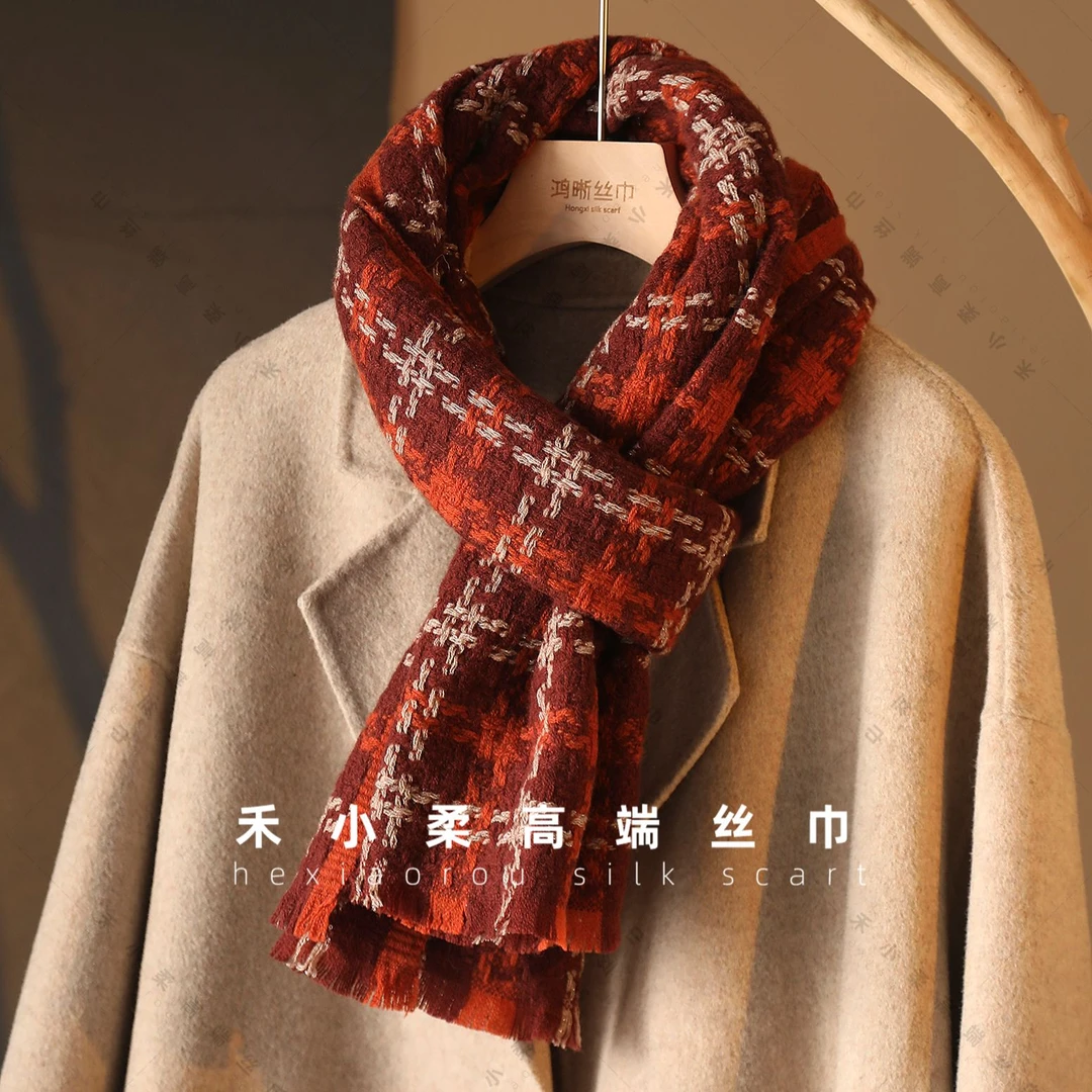 绵羊毛香香编织风苏格兰红180*40长巾披肩女士围巾保暖冬季L044
