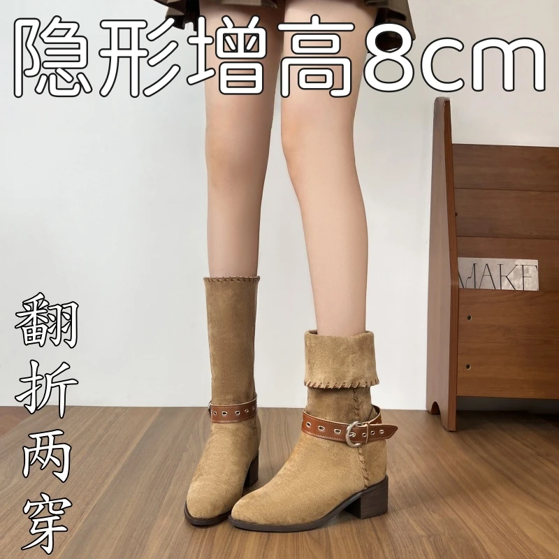 2025新款秋冬内增高欧美风尖头增高秋冬女复古短靴粗跟中筒皮带扣