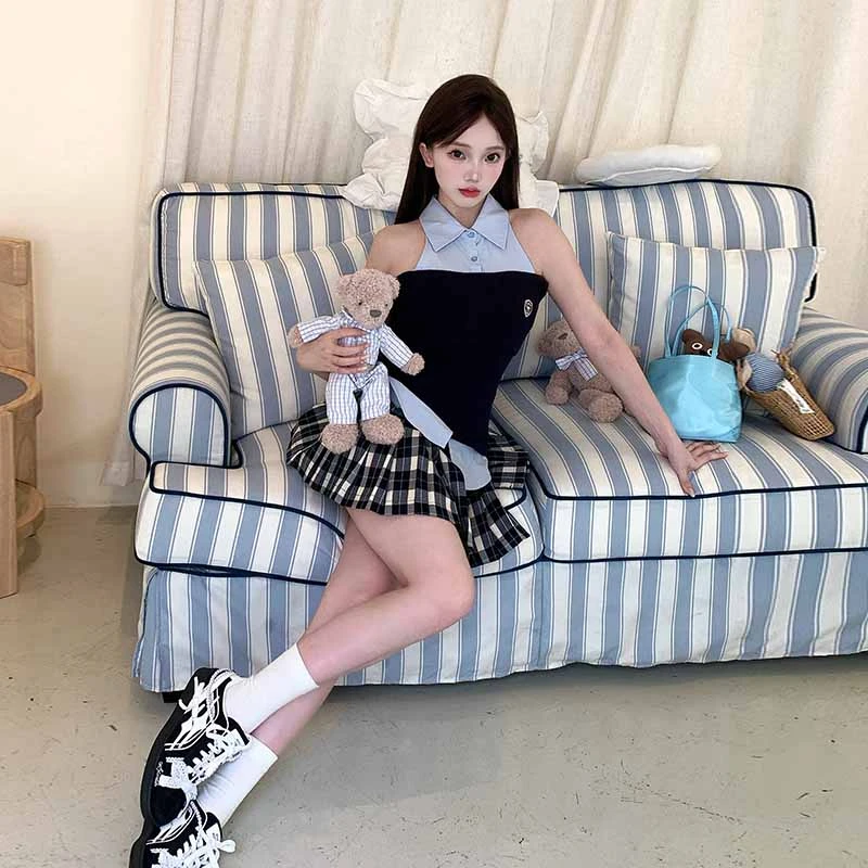 冰冰来了【美式甜心】小众设计感假两件上衣修身学院风短袖27147