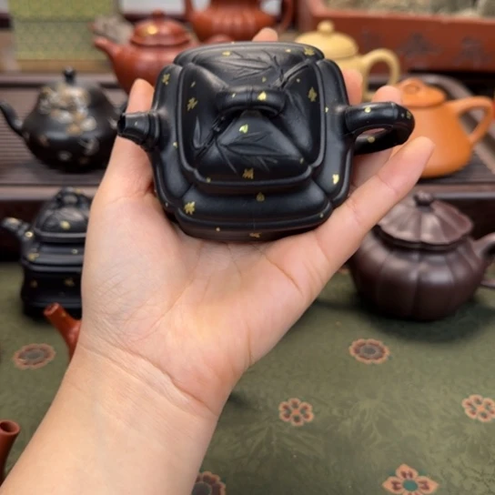 茶壶紫砂四方竹鼓焐灰洒金