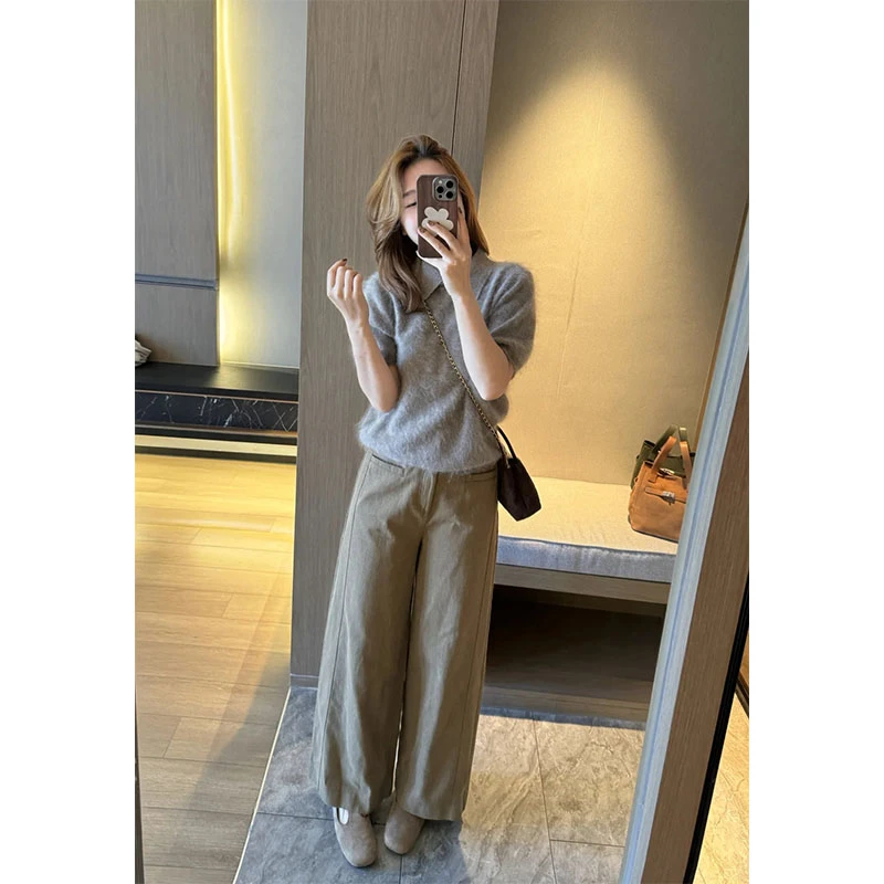2025秋季翻领正肩保暖显瘦小个子穿搭时尚上衣韩版气质直筒休闲裤