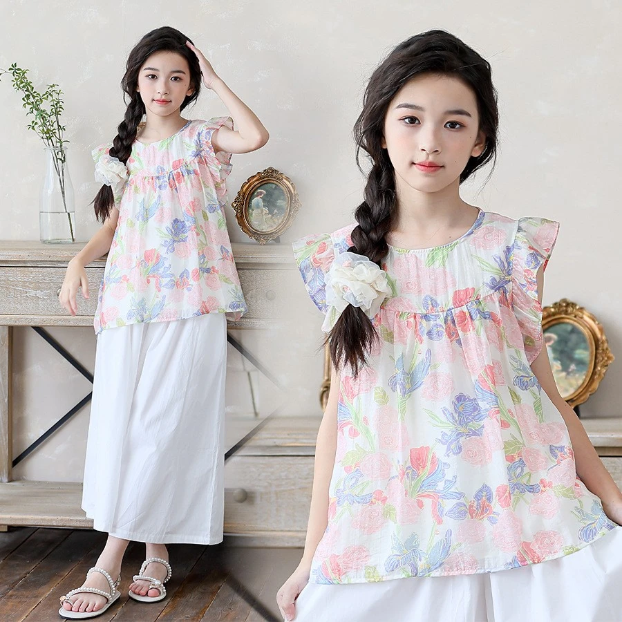 女童套装2025新款中大儿童甜美度假风碎花无袖上衣洋气白色宽腿裤