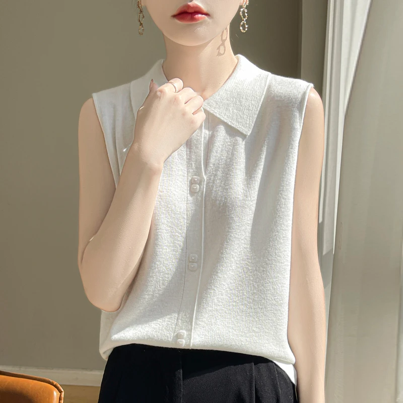 Polo领柔软纯色薄款无袖洋气打底不起球宽松显瘦时尚毛针织衫