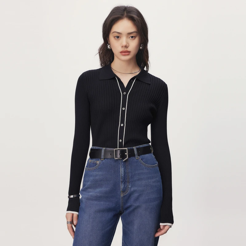 HPLY荷比俪2023春季新款女修身弹力简约针织开衫HDD12650052