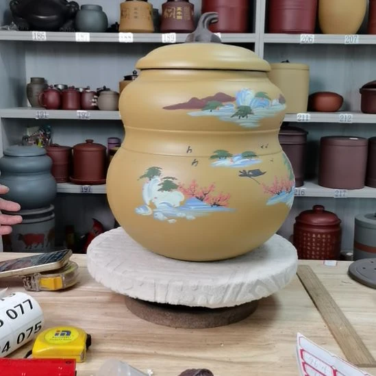 紫砂茶叶罐正品大葫芦黄金段泥全手工山水9813