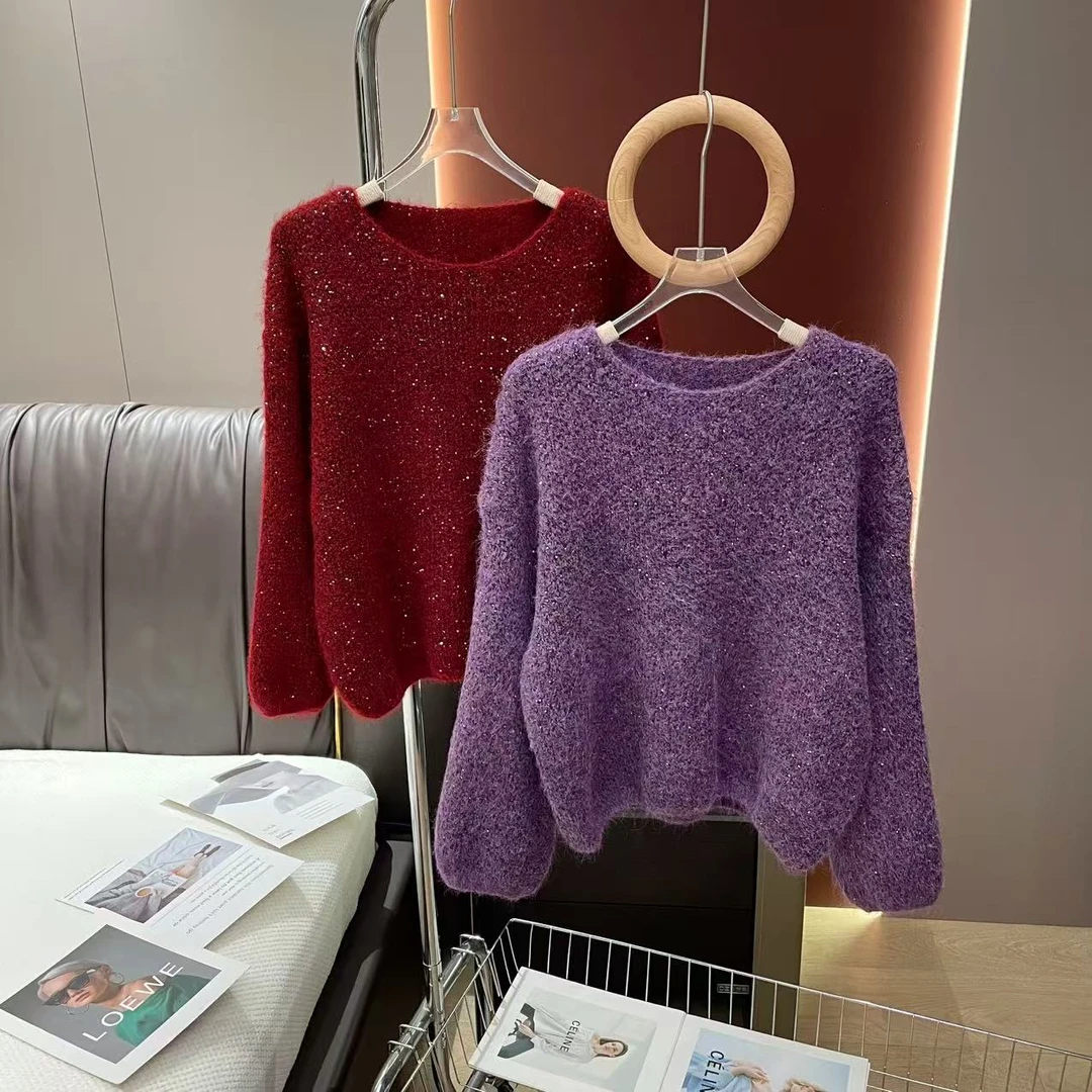氛围感穿搭重工亮片拉绒毛衣女 高级感别致好看针织衫上衣
